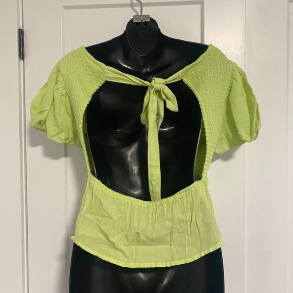 Midnight Sky Linen Blend Peplum Smocked Blouse Top With Puff Sleeves Size Small - Picture 4 of 6